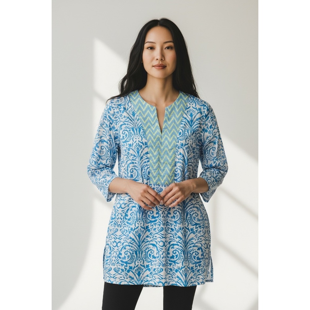 J.McLaughlin Women Blue White Damask Cotton Tunic Top Chevron Trim Small